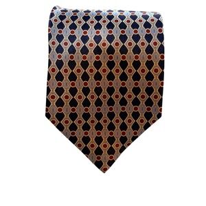 Cauvery Mens Pure Silk Tie Navy Blue Red Geometric Medallion Made in India